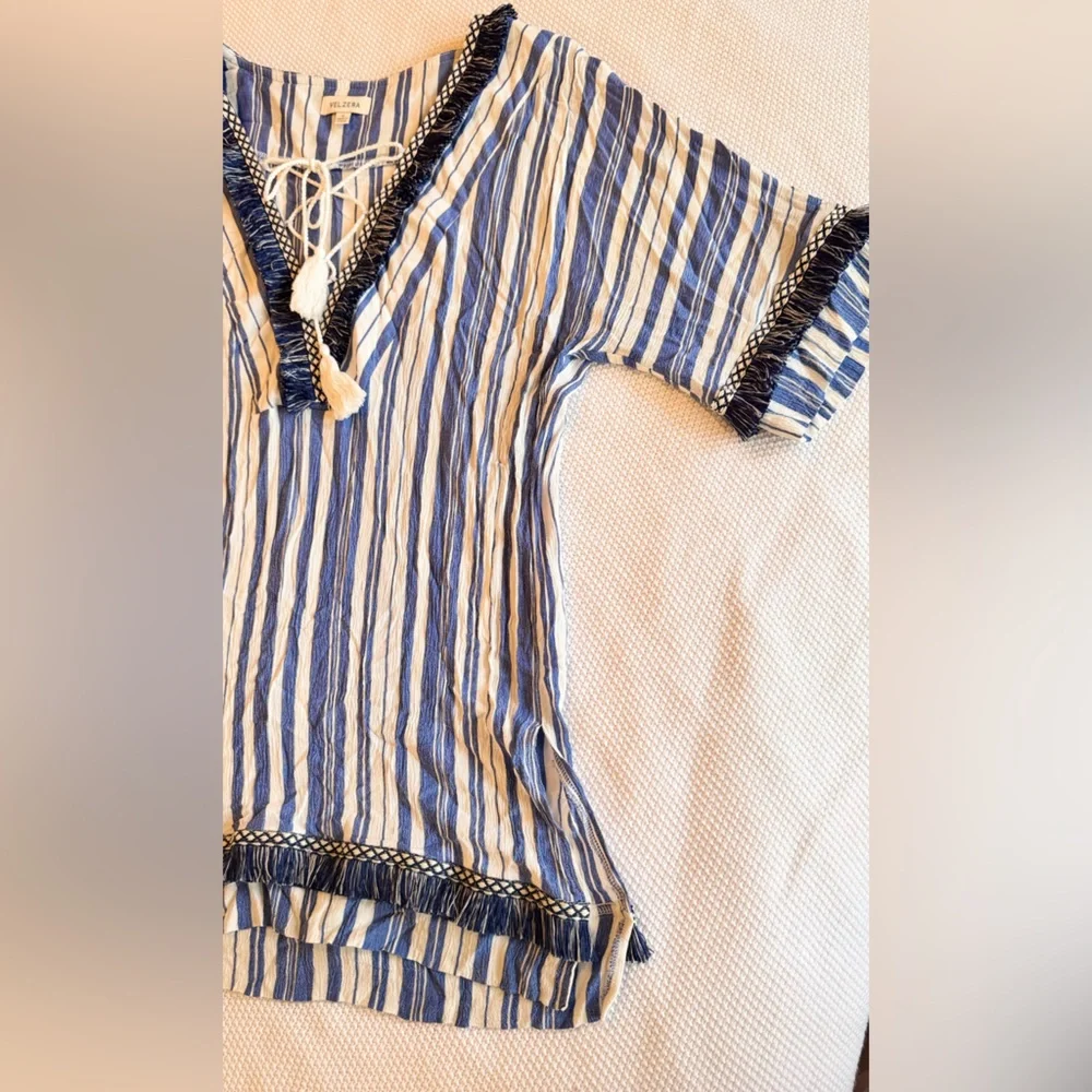 VELZERA Boho Blue & White Striped Mini Dress w Fringe Trim or Swim Coverup